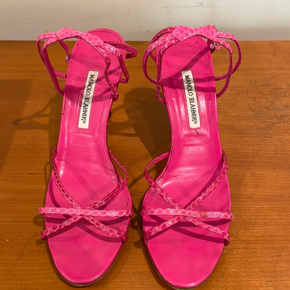 Manolo Blahnik hot pink snake sandal